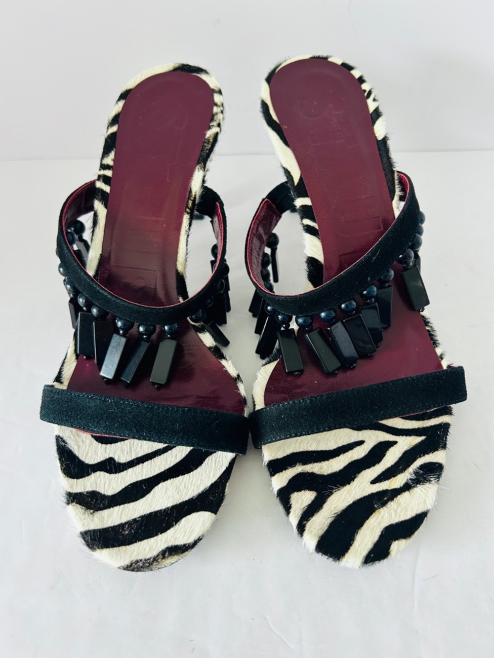 STAUD Raoule Zebra Beaded Fringe Heels Mules Calf Hair Shoes EU37 US Size 7 - Picture 4 of 9